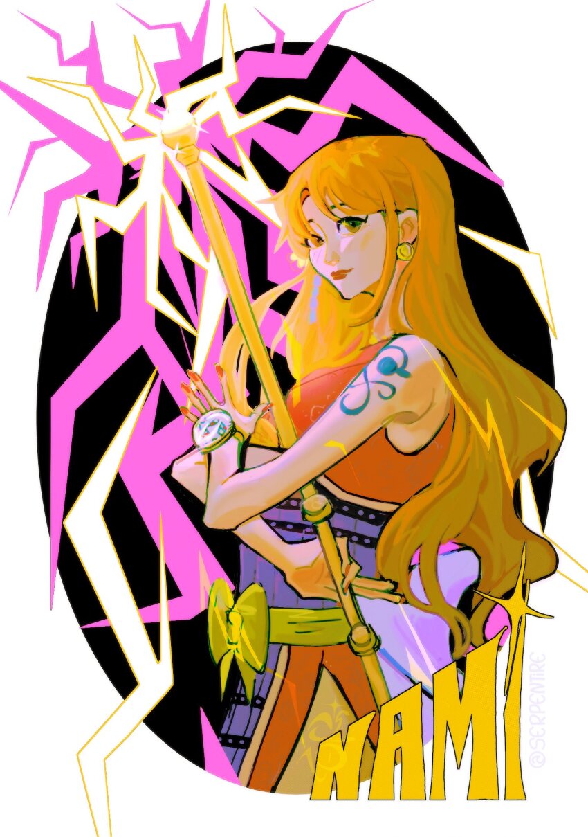 1girl arm_tattoo bare_shoulders character_name clima-tact closed_mouth commentary cowboy_shot earrings electricity highres holding holding_staff japanese_clothes jewelry kimono log_pose nami_(one_piece) nami_(one_piece)_(onigashima) one_piece orange_hair profile red_kimono serpentire shoulder_tattoo sidelocks sleeveless sleeveless_kimono smile solo staff tattoo