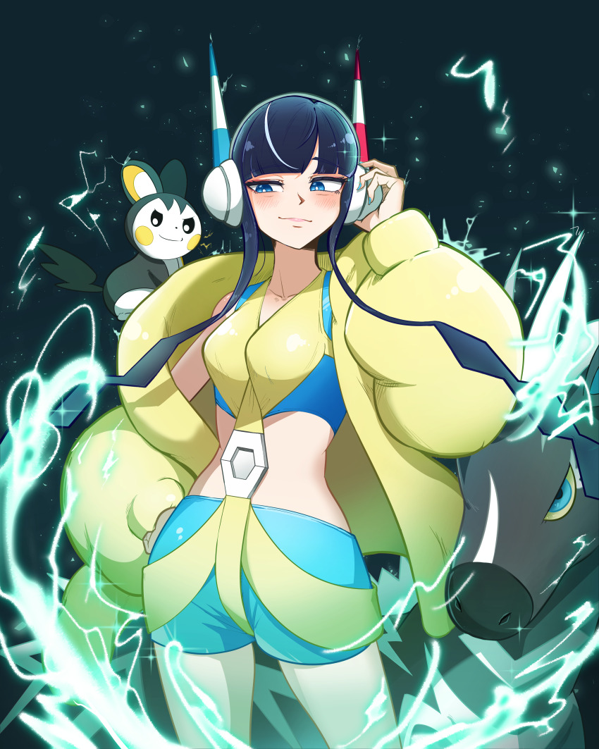 1girl absurdres black_hair blue_eyes colored_sclera cowboy_shot electricity elesa_(pokemon) emolga gen_5_pokemon hand_on_own_hip headphones highres midriff miine_1029 nintendo pokemon pokemon_(creature) pokemon_bw2 short_hair_with_long_locks sparkle yellow_sclera zebstrika