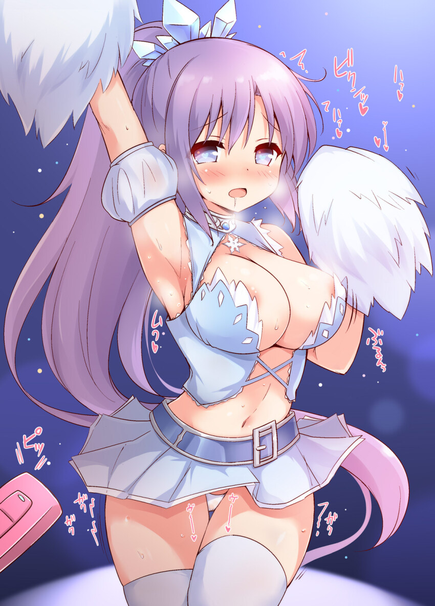 1girl areola_slip armpits bare_shoulders belt blue_eyes blush breasts breath cheerleader cleavage highres iris_mysteria! large_breasts miniskirt panties patricia_shandy ponytail purple_hair remote_control_vibrator sex_toy skirt steam textless_version underwear variant_set vibrator yuu_(yumezakura)