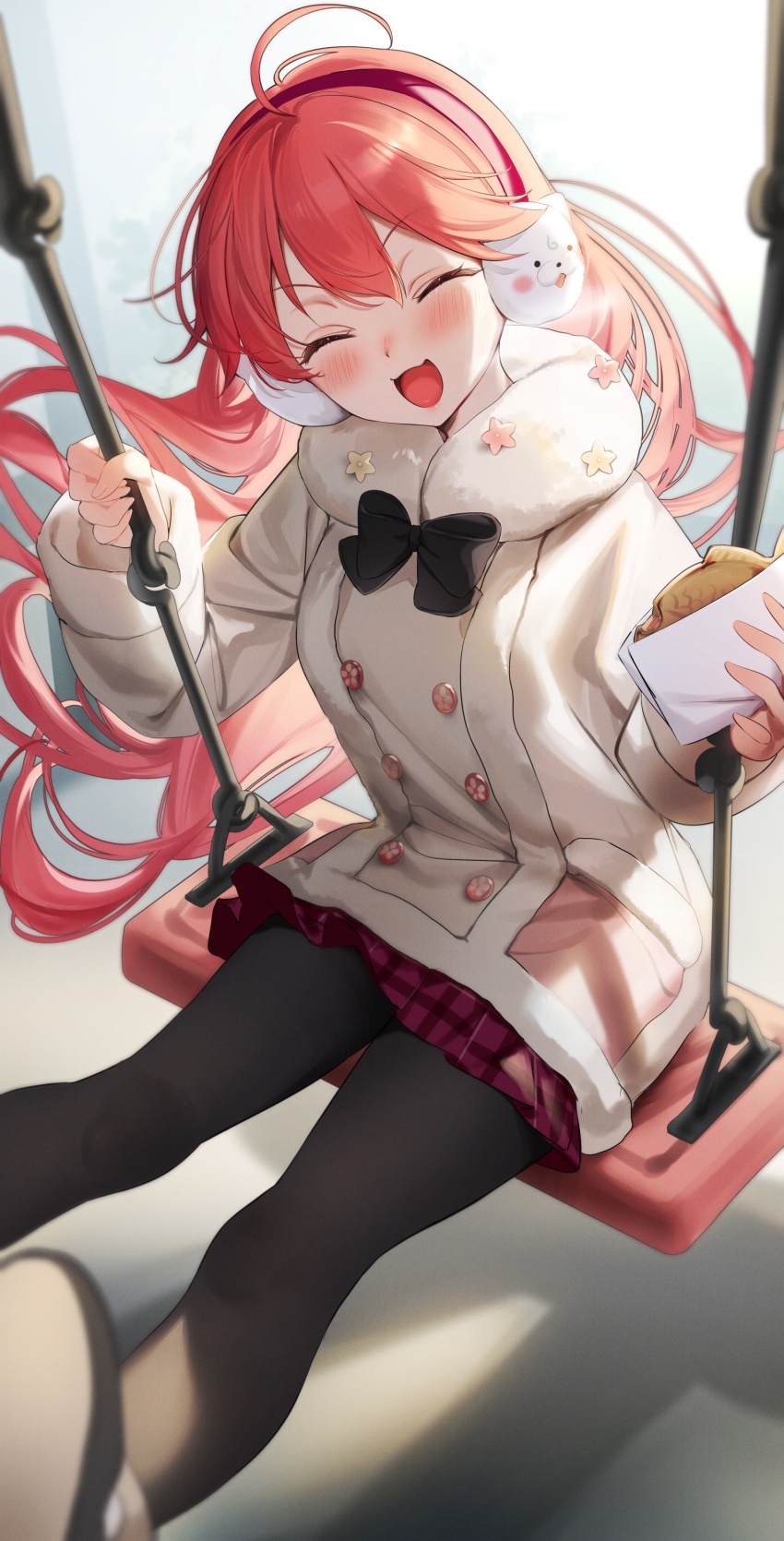 1girl 35p_(sakura_miko) :d ^_^ absurdres ahoge black_bow black_bowtie black_pantyhose blush bow bowtie buttons closed_eyes coat double-breasted facing_viewer food fur-trimmed_collar fur_trim hashtag-only_commentary headphones highres holding holding_food hololive kuma_daigorou long_hair long_sleeves looking_at_viewer on_swing open_mouth pantyhose red_hair sakura_miko shadow sitting smile solo swing swinging taiyaki very_long_hair virtual_youtuber wagashi white_coat white_fur winter_clothes