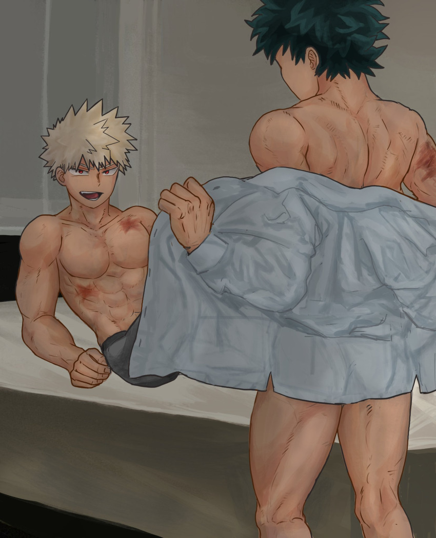 2boys abs back bakugou_katsuki bare_back bed bedroom beforesex blonde_hair boku_no_hero_academia bones_(company) curly_hair green_hair highres imminent_penetration inminent_sex legs lying messy_hair midoriya_izuku mort1713 multiple_boys muscular night nude pectorals presenting red_eyes scar scar_on_arm scar_on_chest shirt shirt_only shounen_jump sitting smile spiked_hair standing taking_off_shirt toned_legs underwear underwear_only white_shirt yaoi