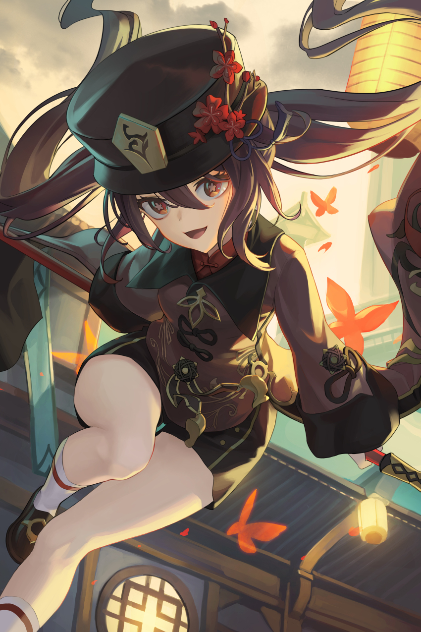 1girl absurdres brown_eyes brown_hair flower-shaped_pupils genshin_impact hat highres hu_tao_(genshin_impact) long_sleeves looking_at_viewer nooo smile solo symbol-shaped_pupils