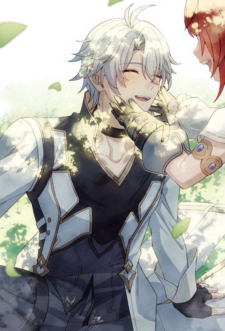 1boy 1girl antenna_hair black_choker black_gloves black_pants black_shirt choker closed_eyes coat dappled_sunlight falling_leaves fingerless_gloves gloves hands_on_another&#039;s_cheeks hands_on_another&#039;s_face highres honkai:_star_rail honkai_(series) leaf male_focus pants parted_bangs phainon_(honkai:_star_rail) pochimaru_(marumaru_wanwan) red_hair shirt short_hair sitting solo_focus sunlight thigh_strap tribbie_(honkai:_star_rail) white_coat white_hair