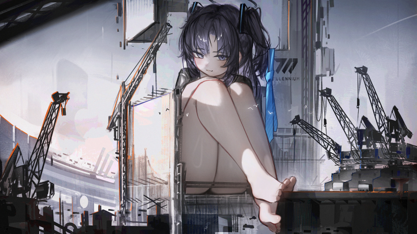 1girl absurdres black_halo blue_archive blue_necktie building construction construction_site crane_(machine) giant giantess greedice halo highres mechanical_halo necktie purple_eyes purple_hair solo thick_thighs thighs yuuka_(blue_archive)
