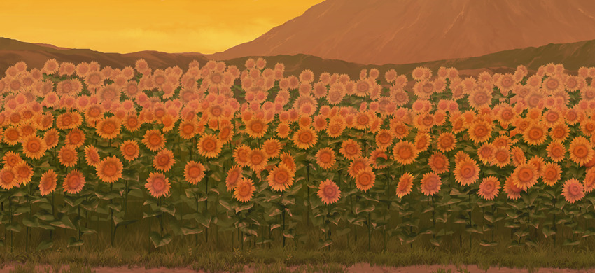 field flower flower_field game_cg grass hill mountain no_humans non-web_source official_art orange_sky outdoors sky sunflower touhou touhou_gensou_eclipse twilight yellow_flower