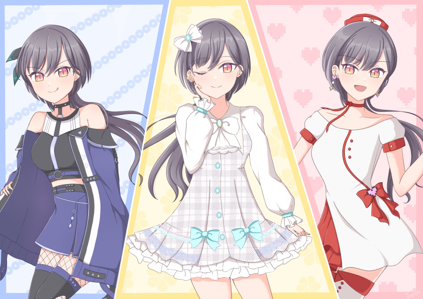 1girl :d :q ;) ampere_(love_live!) ascot bare_shoulders black_thighhighs blue_bow blue_coat blue_skirt bow bowtie breasts closed_mouth coat collared_dress commentary_request cosplay cowboy_shot dress dress_bow fishnet_pantyhose fishnets frilled_dress frills grey_dress hair_bow hat hat_bow heart heart_background highres holiday_holiday_(love_live!) katsuragi_izumi link!_like!_love_live! love_live! medium_breasts miniskirt miracreation/elegance multiple_views o-ring off-shoulder_coat off-shoulder_dress off_shoulder one_eye_closed open_clothes open_coat open_mouth pantyhose pink_background pixel_heart plaid_clothes plaid_dress pleated_skirt puffy_short_sleeves puffy_sleeves red_hat riayaya shirt short_dress short_sleeves skirt sleeveless sleeveless_shirt smile split_mouth thighhighs tongue tongue_out torn_clothes torn_thighhighs v-shaped_eyebrows virtual_youtuber white_ascot white_bow white_bowtie white_dress white_shirt white_sleeves white_thighhighs zettai_ryouiki