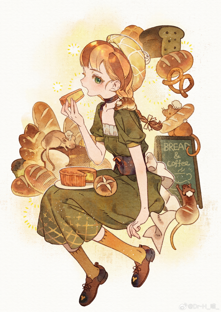 1girl absurdres braid bread cake cake_slice dress food full_body harrymiao highres orange_hair original socks solo