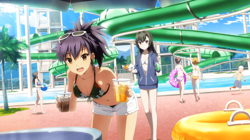 1boy 5girls :d bikini blue_jacket breasts brown_eyes cleavage collarbone cup day disposable_cup donut_innertube etou_minato eyewear_on_head floral_print_bikini game_cg green_hair grey-framed_eyewear hair_between_eyes holding holding_cup hood hood_down hooded_jacket innertube jacket juujou_kagari leaning_forward long_sleeves looking_at_viewer medium_breasts multiple_girls navel non-web_source official_art open_mouth outdoors partially_unzipped people ponytail pool purple_hair shorts small_breasts smile standing stomach sunglasses swim_ring swimsuit toji_no_miko toji_no_miko:_kizamishi_issen_no_tomoshibi tree water water_slide waterpark white_shorts