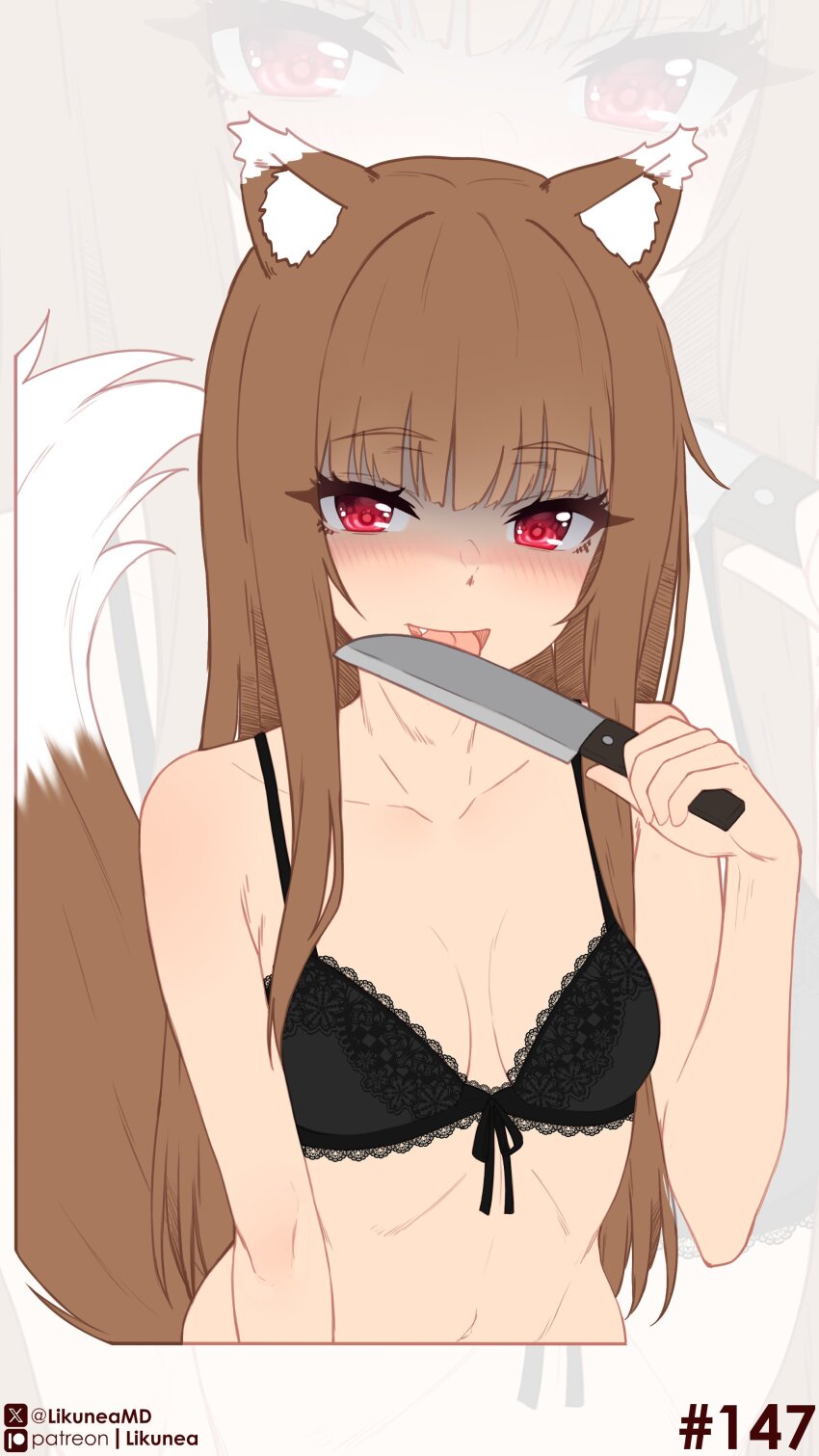 1girl absurdres animal_ear_fluff animal_ears black_bra blunt_bangs bra breasts brown_hair cleavage collarbone commentary english_commentary fang highres holding holding_knife holo knife likunea long_hair looking_at_viewer medium_breasts open_mouth patreon_logo patreon_username red_eyes solo spice_and_wolf tail twitter_username twitter_x_logo underwear wolf_ears wolf_girl wolf_tail zoom_layer