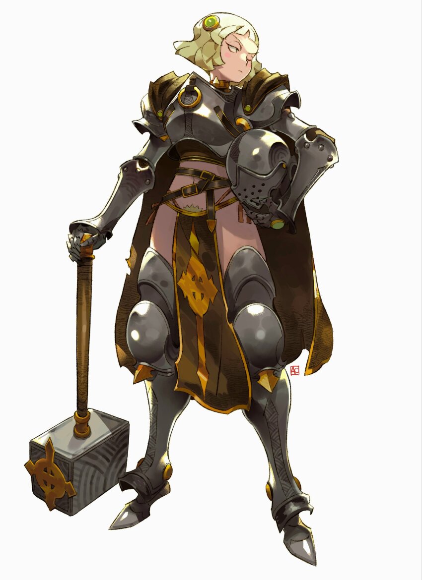 1girl andrewcockroach armor belly belt bikini_armor blonde_hair blonde_pubic_hair breastplate cape celtic_cross commentary cross english_commentary full_body gauntlets greaves hair_ornament hammer helmet highres holding holding_helmet holding_weapon loincloth midriff navel one_eye_closed original paladin pale_skin pauldrons pubic_hair pubic_hair_peek short_hair shoulder_armor signature simple_background solo standing unworn_headwear unworn_helmet war_hammer weapon white_background