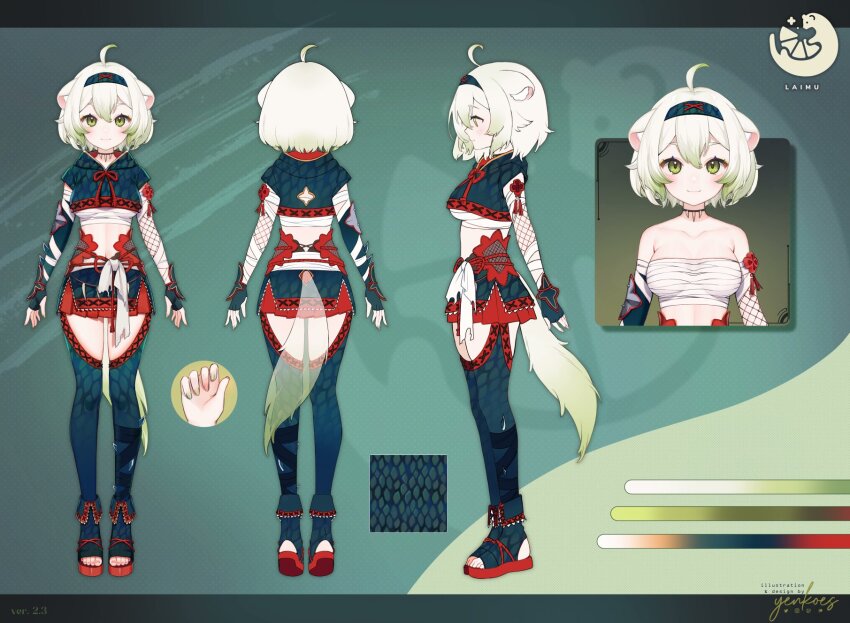 1girl ahoge animal_ears armor bandaged_arm bandaged_chest bandages bare_shoulders bob_cut chest_sarashi commentary crop_top detached_sleeves english_commentary ferret ferret_ears ferret_girl ferret_tail fishnet_sleeves fishnets gradient_hair green_hair green_nails hairband highres indie_virtual_youtuber jewelry laimu_(vtuber) laimu_(vtuber)_(huntress) midriff monster_hunter_(character) monster_hunter_(series) multicolored_hair multiple_views nargacuga_(armor) necklace official_art pink_nails pleated_skirt reference_sheet sarashi scale_armor short_hair skirt thighhighs toes tooth_necklace tunic two-tone_hair vinesauce virtual_youtuber white_hair yenkoes zettai_ryouiki