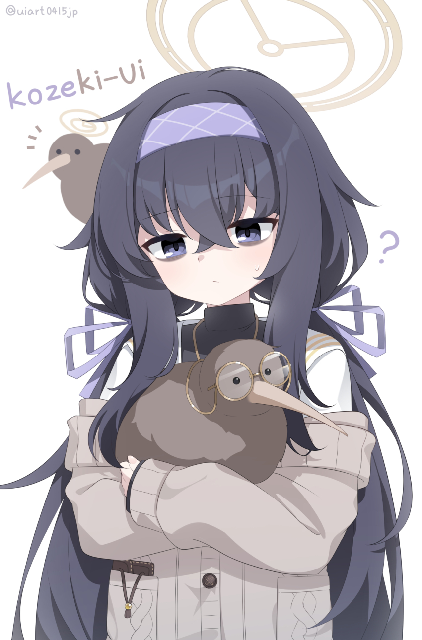1girl ? animal bags_under_eyes bird blue_archive cardigan commentary_request eyewear_strap glasses hair_ribbon hairband halo highres holding holding_animal holding_bird jewelry kiwi_(bird) long_hair long_sleeves looking_down low_twintails necklace off_shoulder purple_eyes purple_hair ribbon sailor_collar solo southern_brown_kiwi sweat twintails ui_(blue_archive) umou_(may65879) upper_body