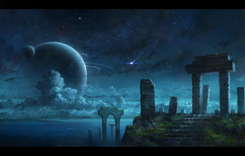 cloud grass landscape letterboxed meteor no_humans ocean original pillar planet ruins scenery seafh sky stairs star_(sky) starry_sky water