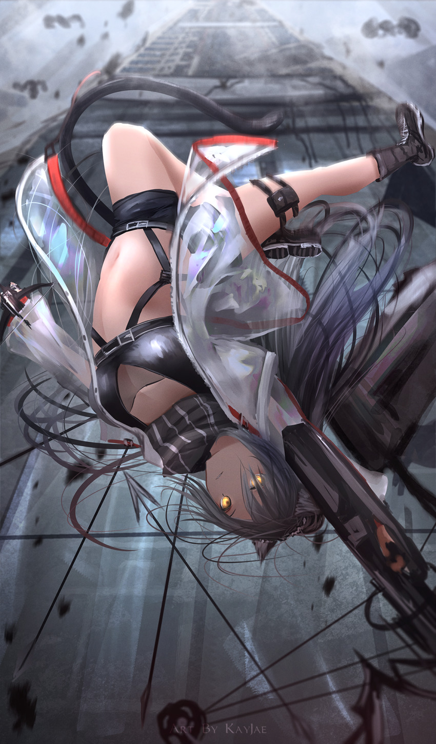 1girl animal_ears arknights artist_name belt_pouch black_boots black_shirt black_shorts blurry blurry_background boots breasts cat_ears cat_girl cat_tail crop_top female_focus glowing glowing_eyes grey_hair highres jacket kayjae leg_belt long_hair looking_at_viewer medium_breasts midriff navel open_clothes open_jacket parted_lips ponytail pouch scarf schwarz_(arknights) see-through_clothes shirt short_shorts shorts solo stomach tail thighs upside-down very_long_hair yellow_eyes