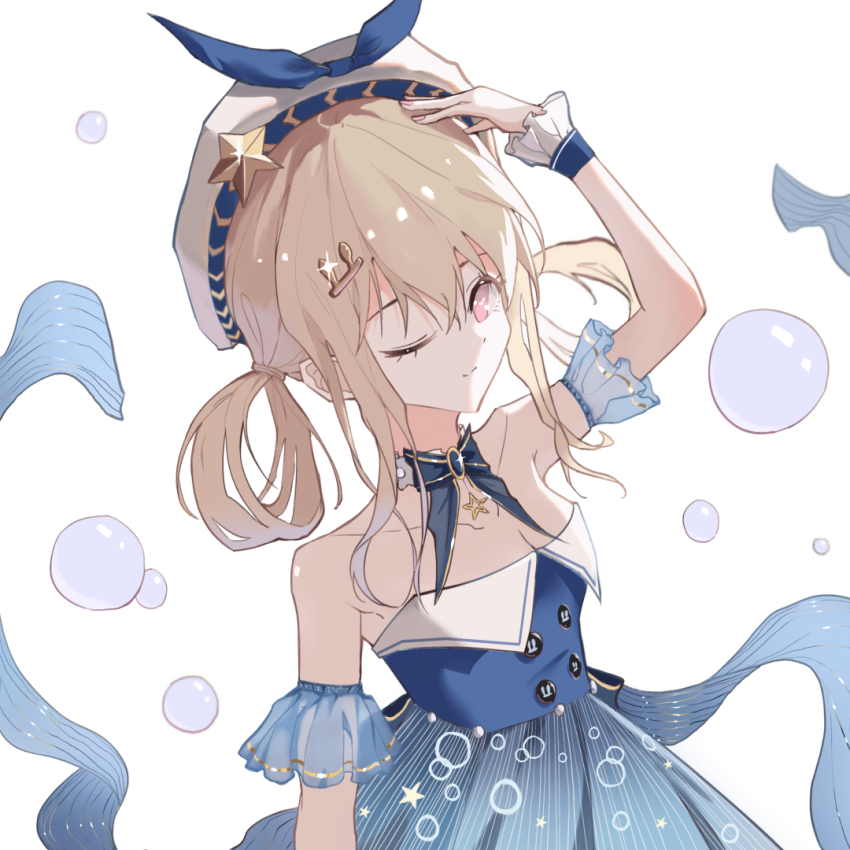 1girl back_bow bare_shoulders beret blonde_hair blue_bow blue_bowtie blue_dress blue_sleeves blue_wrist_cuffs bow bow_choker bowtie breasts bubble bubble_print bubbly_voyage_(infinity_nikki) choker cleavage closed_mouth collared_dress commentary_request cowboy_shot detached_sleeves dot_nose dress eyelashes frilled_choker frilled_wrist_cuffs frills hair_between_eyes hair_ornament hair_rings hair_tie hairclip hand_on_own_head happy hat hat_bow hat_ornament infinity_nikki looking_at_viewer medium_hair nikki_(series) one_eye_closed pink_eyes pleated_dress pleated_sleeves print_dress rabbit_hair_ornament see-through_clothes see-through_sleeves short_sleeves sidelocks simple_background smile so_ni_ni solo standing star_(symbol) star_choker star_hat_ornament star_print strapless strapless_dress striped_bow striped_clothes striped_dress vertical-striped_clothes vertical-striped_dress white_background white_choker white_hat wrist_cuffs