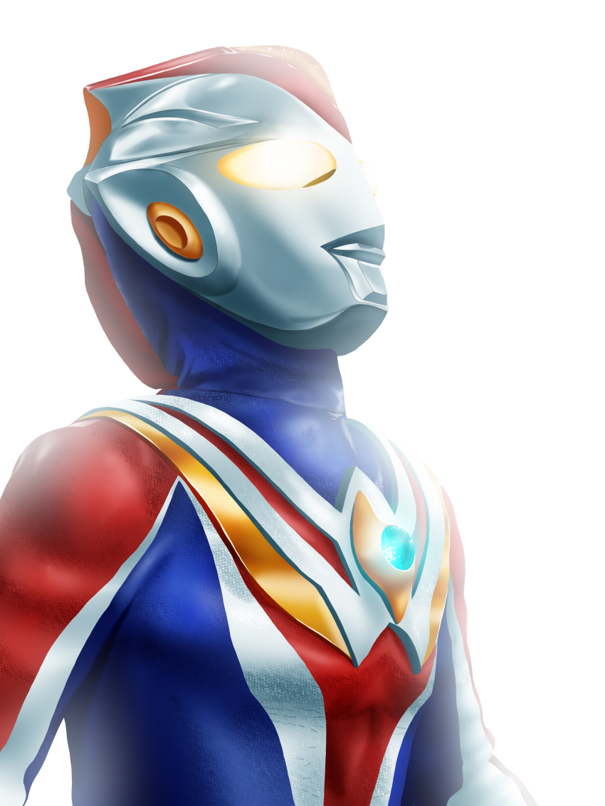 1boy absurdres alien blue_skin color_timer colored_skin commentary compound_eyes dorsal_fin glowing glowing_eyes highres looking_up male_focus overexposure red_skin simple_background solo standing tokusatsu ultra_series ultraman_cosmos ultraman_cosmos_(future_mode) ultraman_cosmos_(series) upper_body white_background wrinkled_skin yellow_eyes yoshifuto