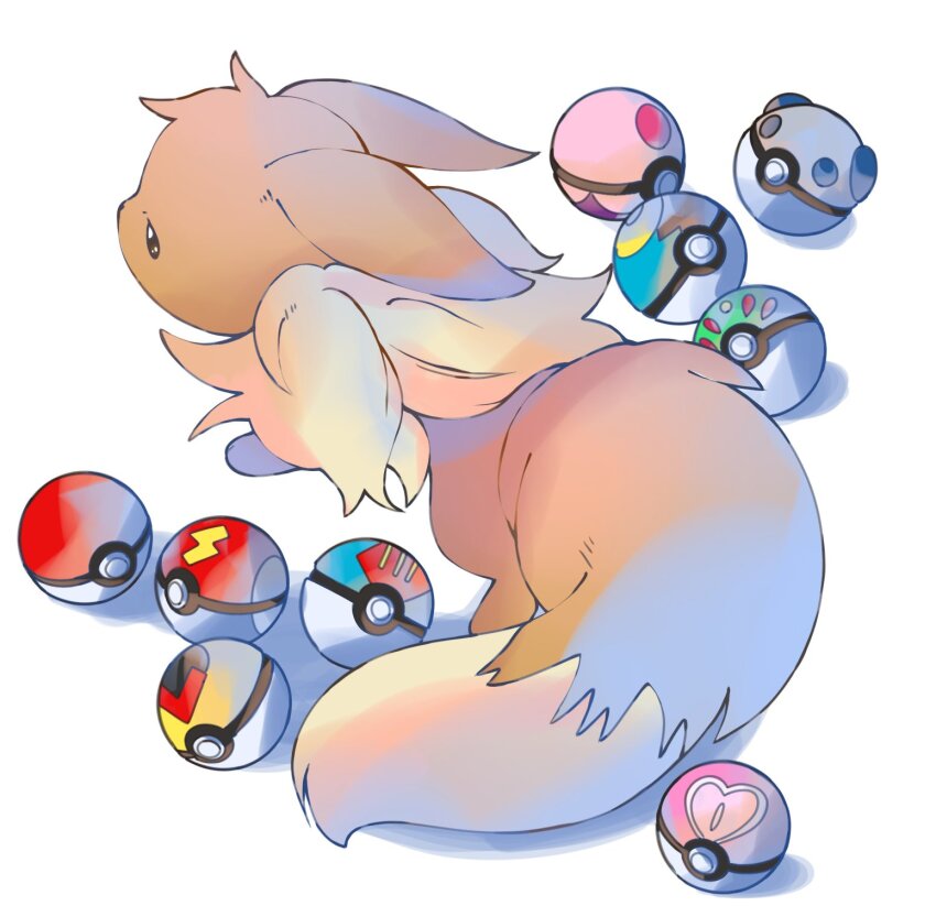 animal_focus animal_hands brown_eyes brown_fur dream_ball eevee fast_ball friend_ball full_body gen_1_pokemon heavy_ball highres level_ball looking_to_the_side love_ball lure_ball moon_ball neck_fur nintendo no_humans nose_poke000 poke_ball pokemon pokemon_(creature) simple_background solo standing white_background yellow_fur