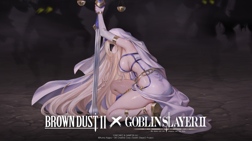 1girl 6+boys absurdres armpits balance_scale blindfold blonde_hair breasts brown_dust_(series) brown_dust_2 copyright_name elbow_gloves from_side full_body gloves goblin goblin_slayer! highres holding holding_sword holding_weapon imminent_gangbang imminent_rape kneeling large_breasts lips long_hair multiple_boys official_art official_wallpaper open_mouth robe sandals sideboob solo sword sword_maiden veil very_long_hair weapon weighing_scale white_gloves white_robe white_veil yellow_sandals