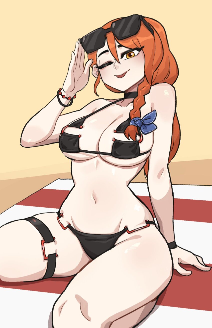 1girl adjusting_eyewear arm_support beach beach_towel bikini black-framed_eyewear black_bikini bracelet braid breasts commentary english_commentary eyewear_on_head highres hyyun_ho jewelry june_(hyyun_ho) kneeling large_breasts long_hair multiple_bracelets navel o-ring o-ring_bikini o-ring_thigh_strap orange_eyes original solo stomach sunglasses swimsuit thigh_strap tongue tongue_out towel