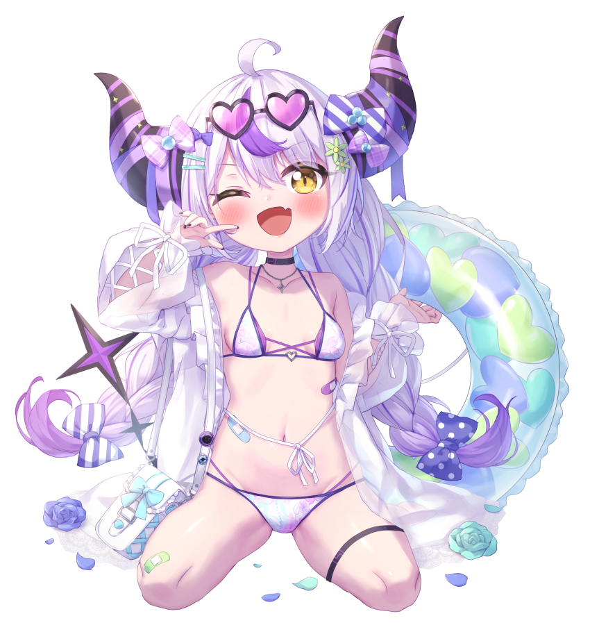 1girl ;d absurdres ahoge bikini black-framed_eyewear blue_bow blue_flower blue_rose blush bow braid brown_eyes commentary_request demon_horns diagonal-striped_bow flower full_body grey_hair groin hair_between_eyes hair_bow hair_ornament hairclip heart heart-shaped_eyewear highres hololive horns innertube la+_darknesss layered_bikini long_hair low_twintails masaki_(msk064) multicolored_hair navel one_eye_closed open_mouth petals pink-tinted_eyewear polka_dot polka_dot_bow purple_bikini purple_hair rose rose_petals seiza simple_background sitting smile solo streaked_hair swim_ring swimsuit tinted_eyewear twin_braids twintails very_long_hair virtual_youtuber white_background white_bikini