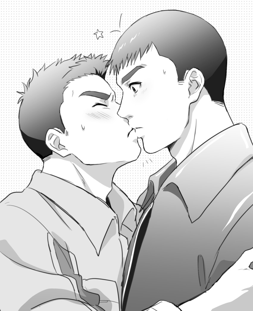 2boys 9wgt64 ao_isami couple facial_hair from_side greyscale highres kiss male_focus monochrome multiple_boys profile ryuji_satake sideburns_stubble star_(symbol) stubble surprise_kiss surprised thick_eyebrows upper_body yaoi yuuki_bakuhatsu_bang_bravern