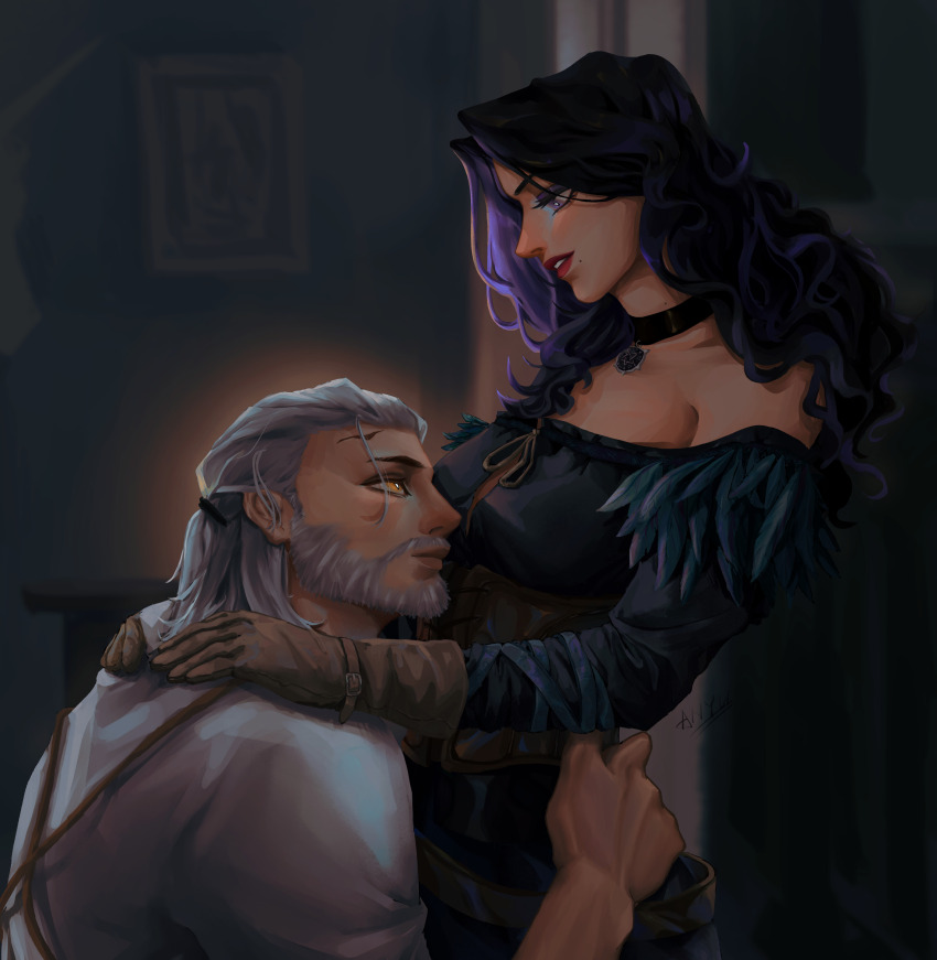 1boy 1girl absurdres beard black_choker black_hair black_shirt brown_gloves choker darkyu-yj eyeshadow facial_hair geralt_of_rivia gloves highres hug indoors long_hair looking_at_another makeup mole mole_under_mouth pendant_choker purple_eyes purple_eyeshadow shirt strapless strapless_shirt the_witcher_(series) the_witcher_3 white_hair white_shirt yellow_eyes yennefer_of_vengerberg