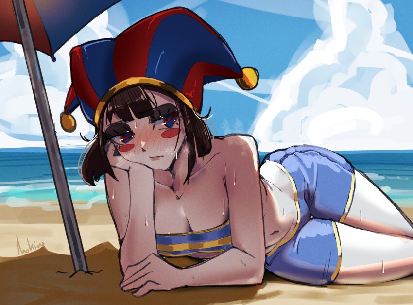 1girl :/ absurdres beach black_hair blue_eyes blue_shorts blue_sky blush blush_stickers breasts cleavage cloud colored_skin commentary english_commentary hat head_rest highres jester_cap medium_hair mokimolewds multicolored_eyes navel ocean pomni_(the_amazing_digital_circus) red_eyes shade shorts signature sky smile solo striped_hat the_amazing_digital_circus two-tone_eyes white_skin