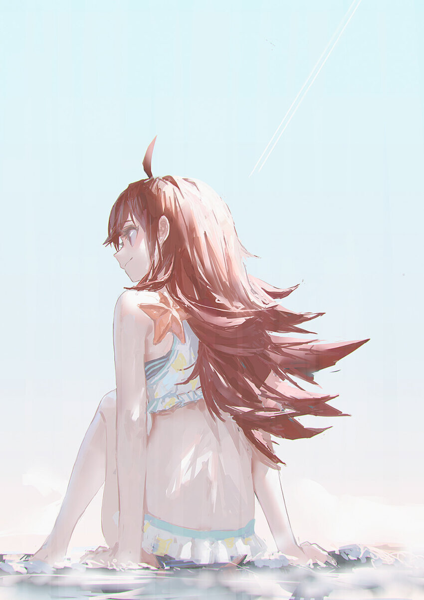 1girl beach highres idolmaster idolmaster_shiny_colors komiya_kaho long_hair ocean red_eyes red_hair reoen sand sitting skirt sky smile solo water white_skirt