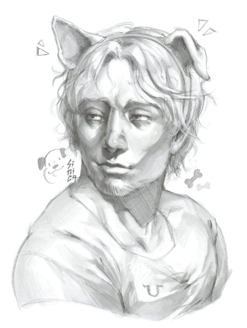 ! 1boy bags_under_eyes beard_stubble collarbone curly_(mouthwashing) curly_(pre-crash)_(mouthwashing) curtained_hair dog dog_ear_hairband dog_treat facial_hair greyscale highres light_smile male_focus monochrome mouthwashing muscular muscular_male portrait shirt short_hair sketch solo stubble tomtit_bird toned toned_male white_hair