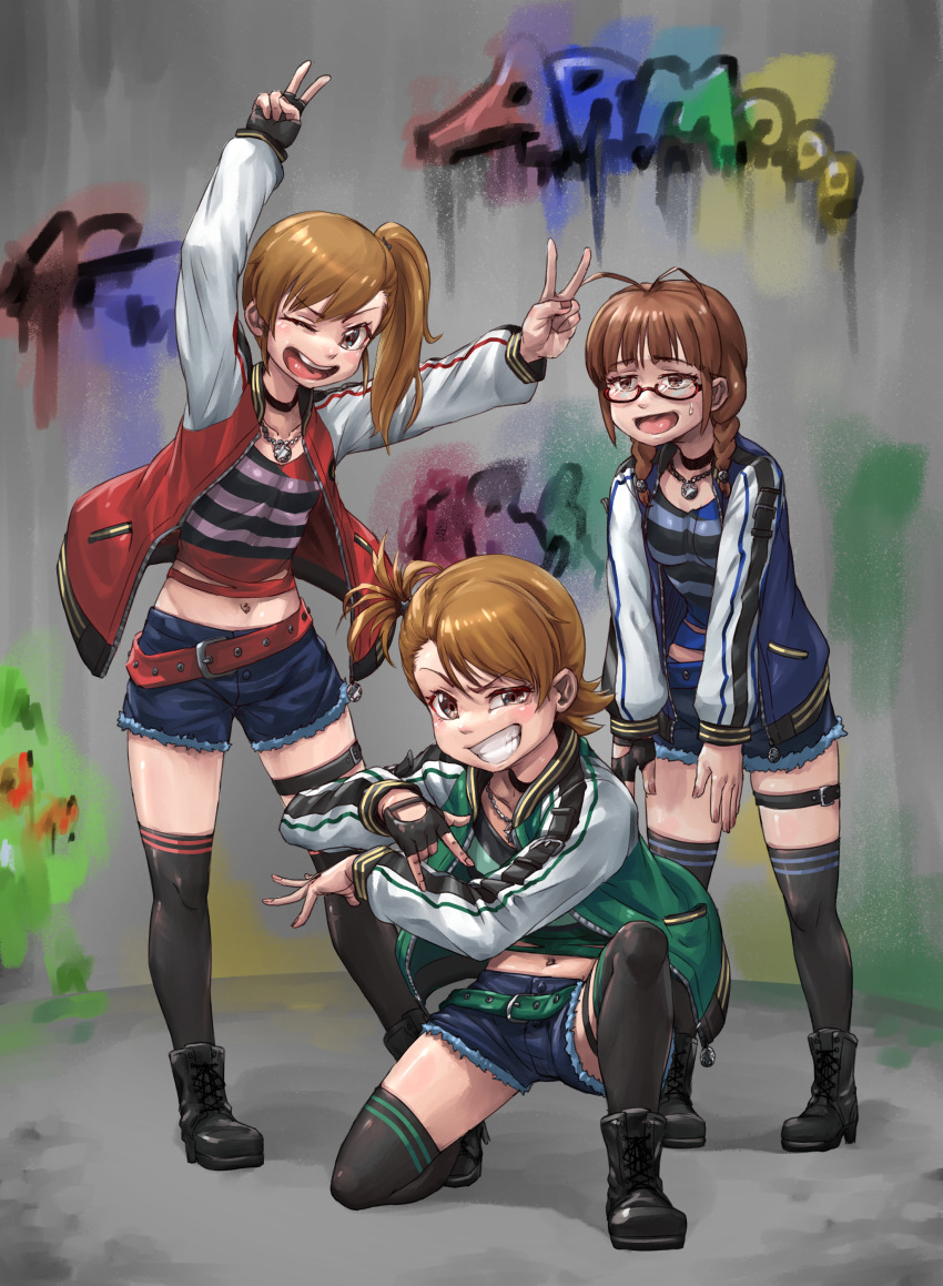 3girls absurdres akizuki_ritsuko antenna_hair arms_up belt black_belt black_boots black_gloves black_thighhighs blue_belt boots braid brown_eyes brown_hair collarbone denim denim_shorts double_v fingerless_gloves full_body futami_ami futami_mami glasses gloves graffiti green_belt green_jacket grin highres hold111 idolmaster idolmaster_(classic) idolmaster_million_live! idolmaster_million_live!_theater_days jacket jewelry lace-up_boots long_sleeves midriff multiple_girls navel necklace on_one_knee one_eye_closed open_clothes open_jacket open_mouth red_jacket semi-rimless_eyewear shirt short_hair shorts side_ponytail single_fingerless_glove smile standing striped_clothes striped_shirt sweatdrop teeth thigh_belt thigh_strap thighhighs twin_braids under-rim_eyewear upper_teeth_only v