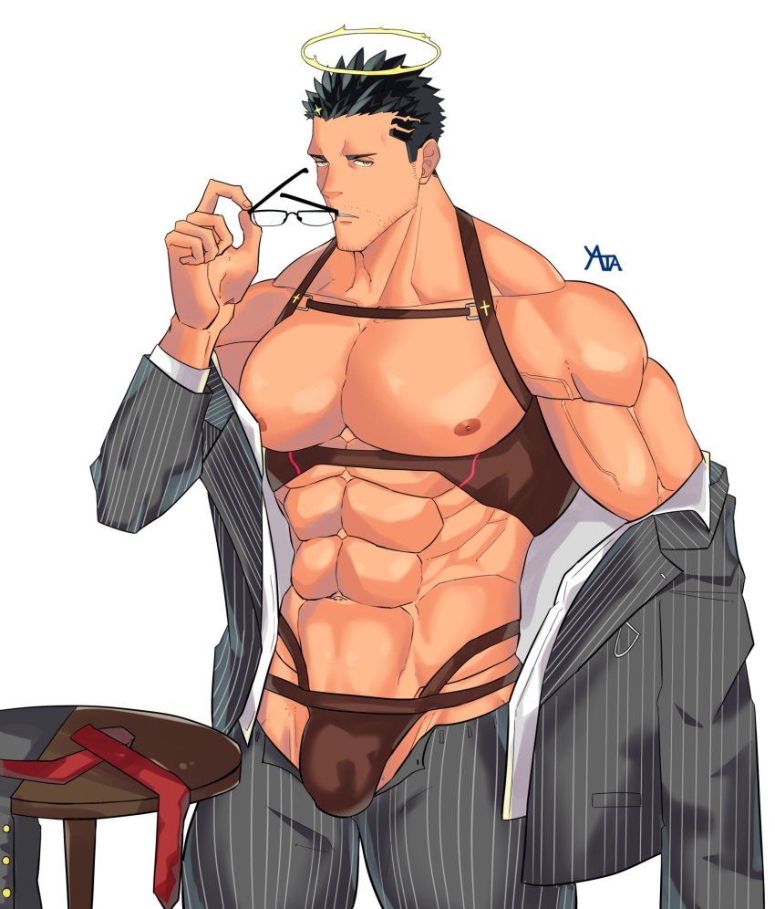 1boy abs bara bare_pectorals black_suit brown_male_swimwear brown_swim_briefs bulge chest_harness cowboy_shot facial_hair formal_clothes glasses halo harness highres holding holding_removed_eyewear large_pectorals looking_at_viewer male_focus male_swimwear mature_male muscular muscular_male navel necktie nipples official_alternate_costume pants pectorals short_hair sideburns solo souyata0502 stomach striped_clothes striped_pants striped_suit stubble suit swim_briefs swimsuit thick_thighs thighs tokyo_houkago_summoners underbust undressing unworn_eyewear unworn_necktie zabaniyya_(fashionista_suit)_(housamo) zabaniyya_(fashionista_swimsuit)_(housamo) zabaniyya_(housamo)
