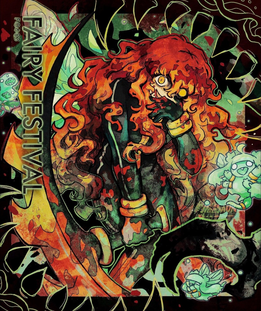 1girl alleesaur artist_name black_bodysuit black_gloves bladed_tonfa blood blood_from_mouth blood_in_hair blood_on_arm blood_on_clothes blood_on_face blood_on_hands blood_on_leg blood_splatter bloody_weapon bodysuit character_name commentary e.g.o_(project_moon) english_commentary fairy_festival fairy_wings freckles gloves green_outline hair_between_eyes hand_on_own_face highres holding holding_weapon ishmael_(project_moon) limbus_company long_hair looking_at_viewer one_eye_in_shadow open_mouth orange_hair outline project_moon sidelocks single_glove smile solo tonfa very_long_hair weapon wide-eyed wingbeat_(e.g.o) wings yellow_eyes