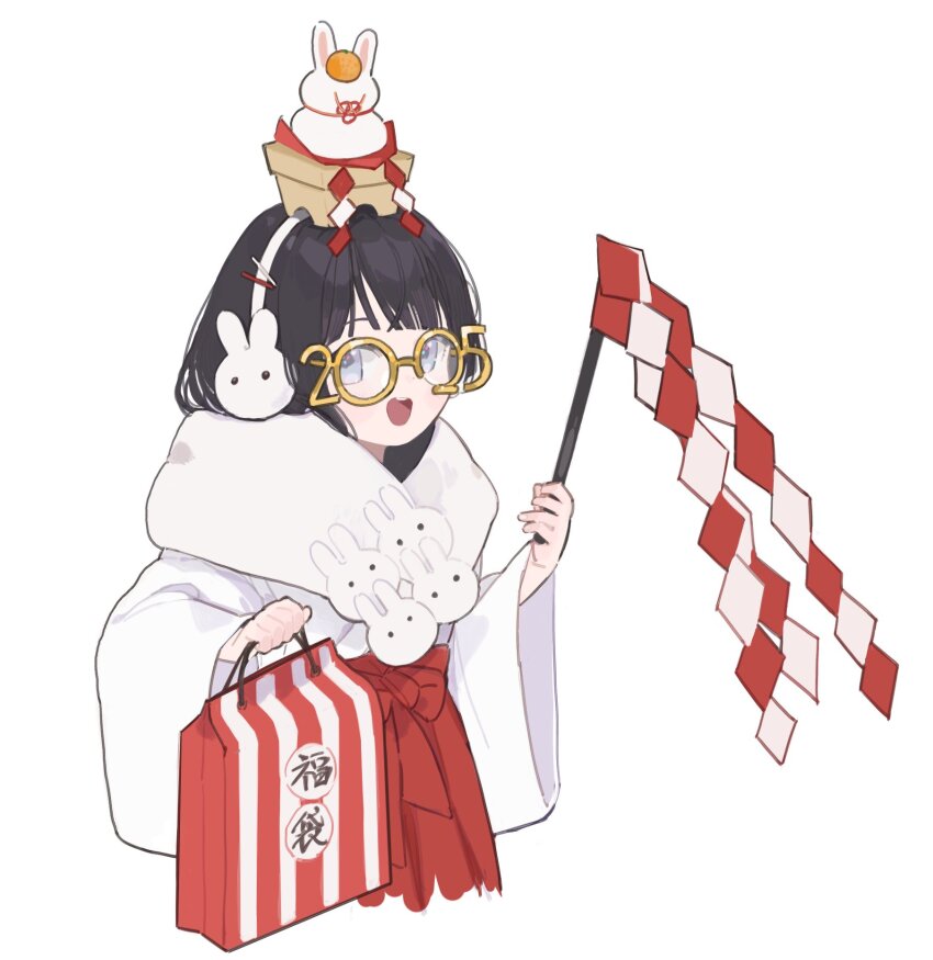 1girl 2025 :d bag black_hair blue_eyes blush cropped_torso food food_on_head gohei hair_ornament hairpin highres holding holding_bag japanese_clothes kagami_mochi kimono kmgm_co long_bangs long_sleeves looking_at_viewer nijisanji number_glasses object_on_head open_mouth rabbit_earmuffs simple_background smile solo teeth tsukino_mito upper_teeth_only virtual_youtuber white_background white_kimono wide_sleeves