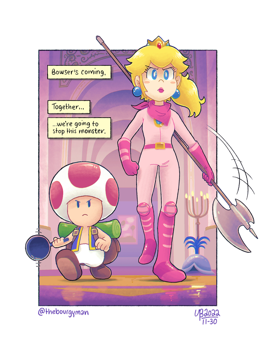 1boy 1girl angry axe belt blonde_hair blue_eyes bodysuit breasts candle comic earrings frying_pan full_body gloves highres jewelry lipstick makeup mario_(series) medium_breasts nintendo ponytail princess_peach scarf serious the_super_mario_bros._movie thebourgyman toad_(mario) walking weapon