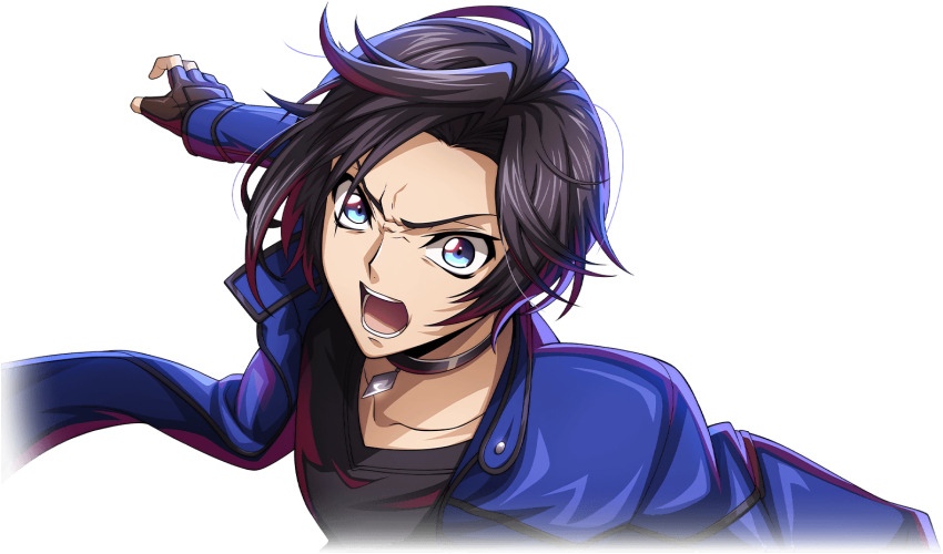 1boy angry black_gloves black_hair blue_eyes blue_jacket code_geass code_geass:_lost_stories f4samurai gloves jacket looking_at_viewer mario_disel official_art open_mouth short_hair simple_background solo teeth transparent_background