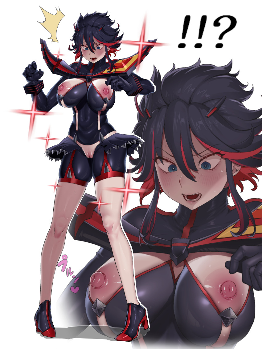 !? 1girl absurdres accidental_exposure black_hair blue_eyes breasts commentary crotch_cutout embarrassed exhibitionism high_heels highres kill_la_kill large_breasts life_fiber living_clothes matoi_ryuuko multicolored_hair nipples public_indecency red_streaks revealing_clothes reverse_outfit senketsu short_hair simple_background solo streaked_hair two-tone_hair white_background yesman_(cvbnyesman)