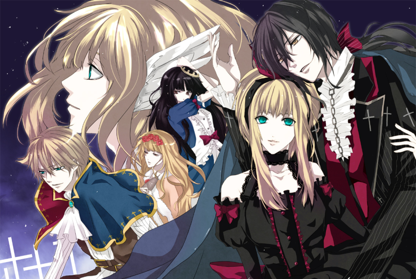 2boys 4girls bad_id bad_pixiv_id black_hair blonde_hair doll dornroeschen_(maerchen) elisabeth_von_wettin elyse_(sound_horizon) green_eyes maerchen_(sound_horizon) marchen_von_friedhof multiple_boys multiple_girls schneewittchen_(maerchen) sleeping_beauty sound_horizon tettere tomio_(crowns) yellow_eyes