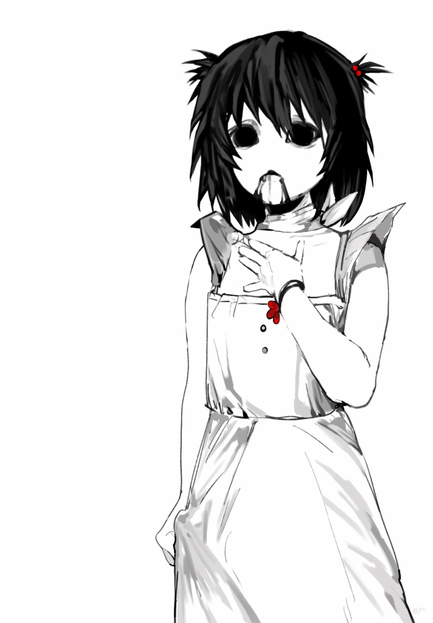 1girl bandana bandana_around_neck blood blood_from_mouth blood_on_face bracelet cowboy_shot dress empty_eyes greyscale hair_bobbles hair_ornament hand_on_own_chest highres huai_huizhi jewelry monochrome shitizairudong short_hair short_twintails simple_background sleeveless sleeveless_dress solo spot_color touqi_guaitan twintails white_background