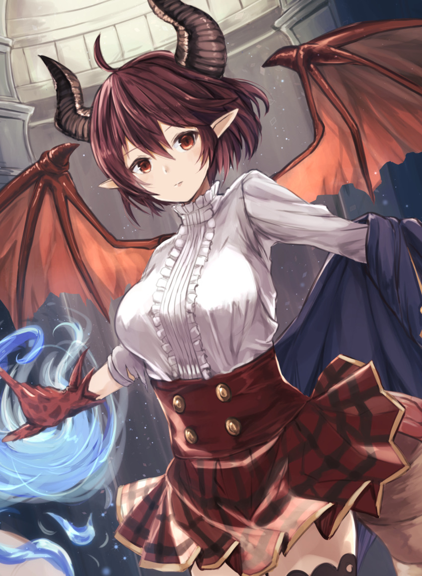 1girl ahoge black_jacket breasts brown_eyes brown_hair closed_mouth dragon_girl dragon_horns dragon_tail dragon_wings frilled_shirt frills grea_(shingeki_no_bahamut) hair_between_eyes highres horns itone_114 jacket large_breasts light_blush manaria_friends open_clothes open_jacket pleated_skirt pointy_ears shingeki_no_bahamut shirt skirt solo tail wings