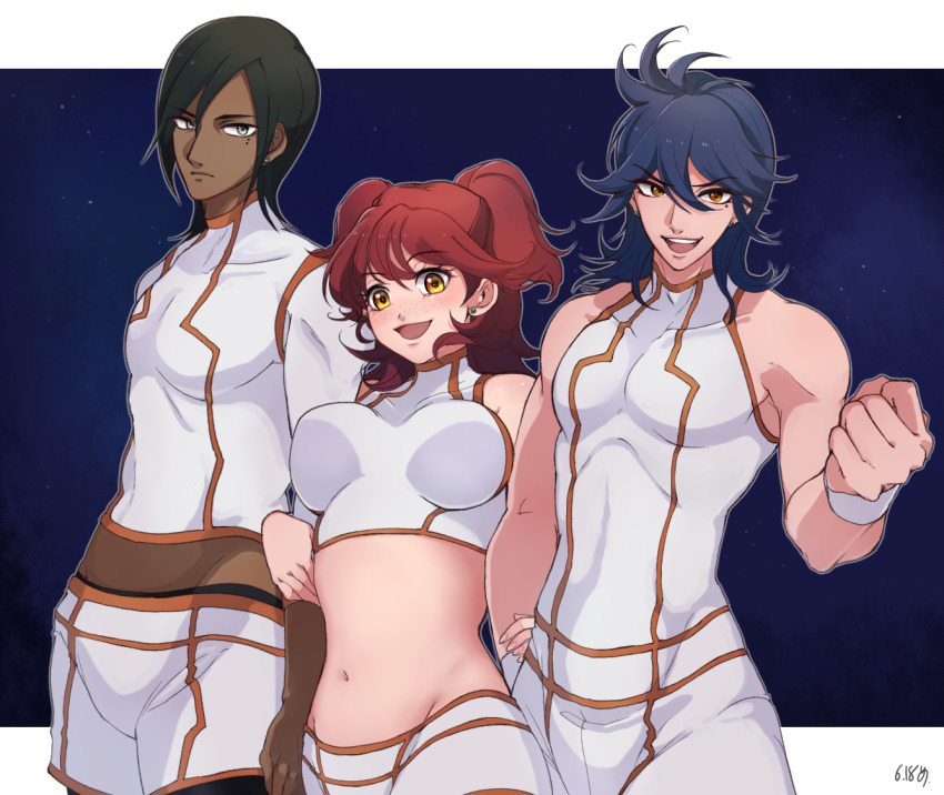 1girl 2boys brother_and_sister brothers clenched_hand cowboy_shot earrings freckles gundam gundam_00 impossible_clothes jewelry johann_trinity long_hair michael_trinity midriff multiple_boys navel nena_trinity open_mouth red_hair siblings two_side_up wristband yellow_eyes