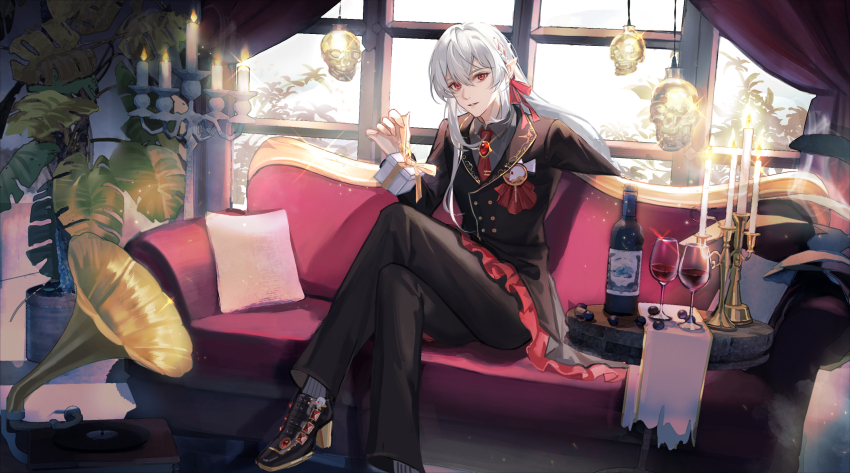 1boy aikou_echo alcohol androgynous bishounen black_jacket black_pants black_shoes bottle candlestand chinese_commentary collared_shirt commentary couch cup cushion diffraction_spikes dress_shirt drinking_glass earrings fire food foot_out_of_frame frilled_jacket frills fruit gift gold_trim grapes grey_shirt grey_socks hair_between_eyes high_heels highres holding holding_gift indoors jacket jewelry lapels leaf light_particles light_smile long_hair looking_at_viewer male_focus necktie nightstand original pants parted_lips phonograph plant pointy_ears potted_plant red_eyes red_necktie ribbon_earrings shawl_lapels shirt shoes single_earring sitting skull socks solo striped_clothes striped_socks suit_jacket tie_clip vampire vertical-striped_clothes vertical-striped_socks virtual_youtuber white_hair window wine wine_bottle wine_glass