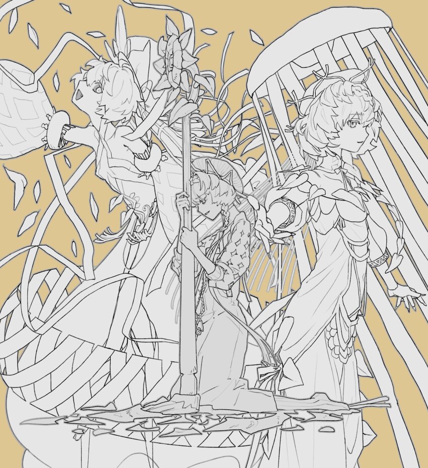 1girl absurdres argyle_clothes argyle_shirt beret bow braid closed_mouth collarbone commentary dress dress_bow fang flower full_body greyscale_with_colored_background hair_over_shoulder hat hat_ribbon highres holding kneeling long_hair long_skirt long_sleeves m_12170 multiple_views off-shoulder_dress off_shoulder open_mouth original outstretched_arm parted_lips puffy_long_sleeves puffy_sleeves ribbon shards simple_background single_braid skirt three-quarter_sleeves smile socks striped_clothes striped_socks sunflower tassel vertical-striped_clothes vertical-striped_socks yellow_background