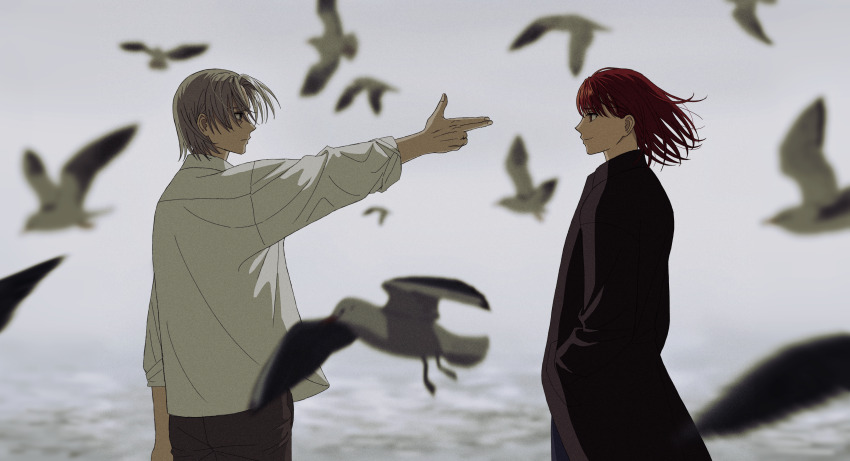 1boy 1girl absurdres bird black_coat blurry coat collared_shirt commentary_request depth_of_field edaori expressionless finger_gun flock grey_hair highres ocean original overcast pointing pointing_at_another profile red_hair seagull shirt short_hair sky smile wind