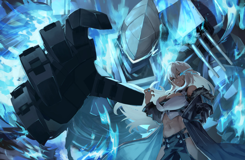 1girl azur_lane bare_shoulders belt between_breasts black_belt black_coat black_necktie black_pants blue_eyes breasts cleavage coat cowboy_shot cropped_shirt dark-skinned_female dark_skin fur-trimmed_coat fur_trim glowing glowing_eye grin hair_between_eyes hand_in_pocket highres hip_vent hood hooded_coat indiana_(azur_lane) large_breasts long_hair long_sleeves looking_at_viewer mecha mechasoul midriff navel necktie necktie_between_breasts off_shoulder open_clothes open_coat pants reaching reaching_towards_viewer rigging robot scar scar_on_face ship_turret shirt sidelocks sleeveless sleeveless_shirt smile standing teeth toned toned_female underbust white_hair white_shirt