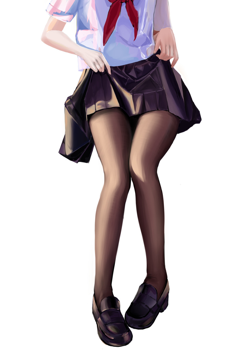 1girl absurdres bow clothes_lift he_yue head_out_of_frame highres lifting_own_clothes original pantyhose pleated_skirt school_uniform serafuku shirt_lift shoes simple_background skirt skirt_lift solo standing white_background