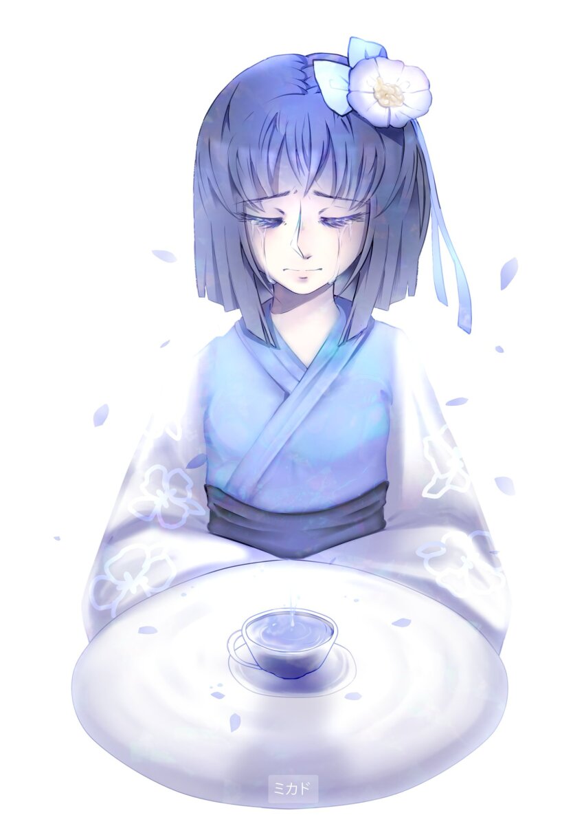 1girl artist_name bad_id bad_twitter_id black_sash blunt_ends commentary cropped_torso cup floral_print flower hair_flower hair_ornament hair_ribbon hands_on_lap haori hieda_no_akyuu highres jacket japanese_clothes kimono leaf long_sleeves luo_qiangwei obi petals purple_hair purple_kimono purple_ribbon ribbon sad sash saucer short_hair sleeves_past_fingers sleeves_past_wrists solo table tea teacup touhou white_background white_flower white_jacket