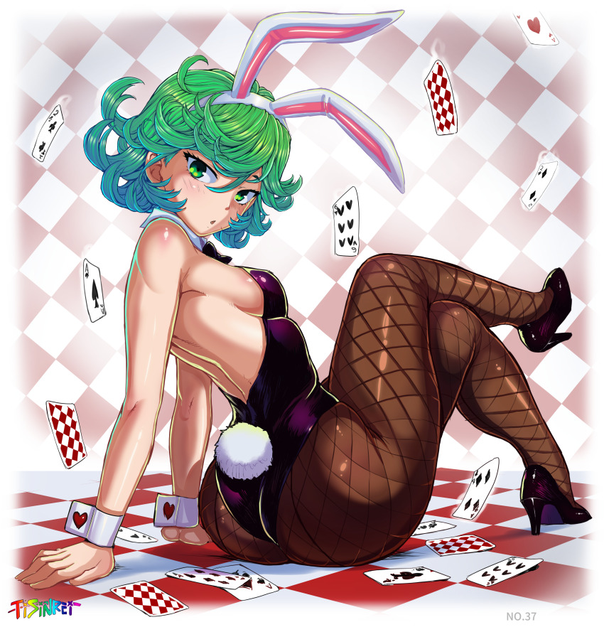 1girl absurdres animal_ears ass bare_shoulders black_leotard black_shoes breasts brown_pantyhose card checkered_background checkered_floor collar colorized curly_hair curvy fake_animal_ears fake_tail from_behind full_body green_eyes grey_hair high_heels highleg highleg_leotard highres leotard looking_at_viewer matching_hair/eyes medium_breasts mogudan one-punch_man pantyhose poker rabbit_ears rabbit_tail shiny_skin shoes short_hair sitting solo tail tatsumaki thong_leotard tisinrei wide_hips wrist_cuffs