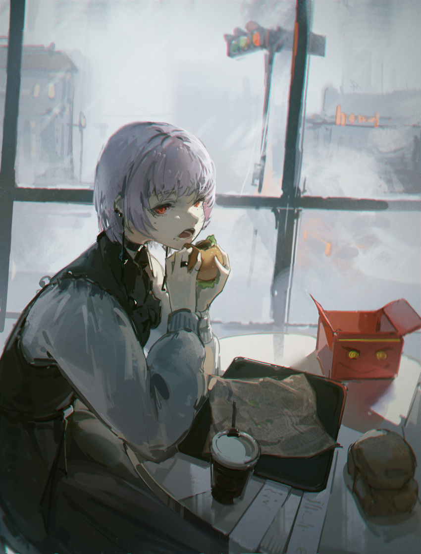 1girl absurdres black_dress burger chainsaw_man cup disposable_cup dress dudrinm earrings fami_(chainsaw_man) food grey_hair highres holding holding_burger holding_food indoors jewelry long_sleeves mole mole_under_eye multiple_moles open_mouth red_eyes ring sitting solo table traffic_light tray window