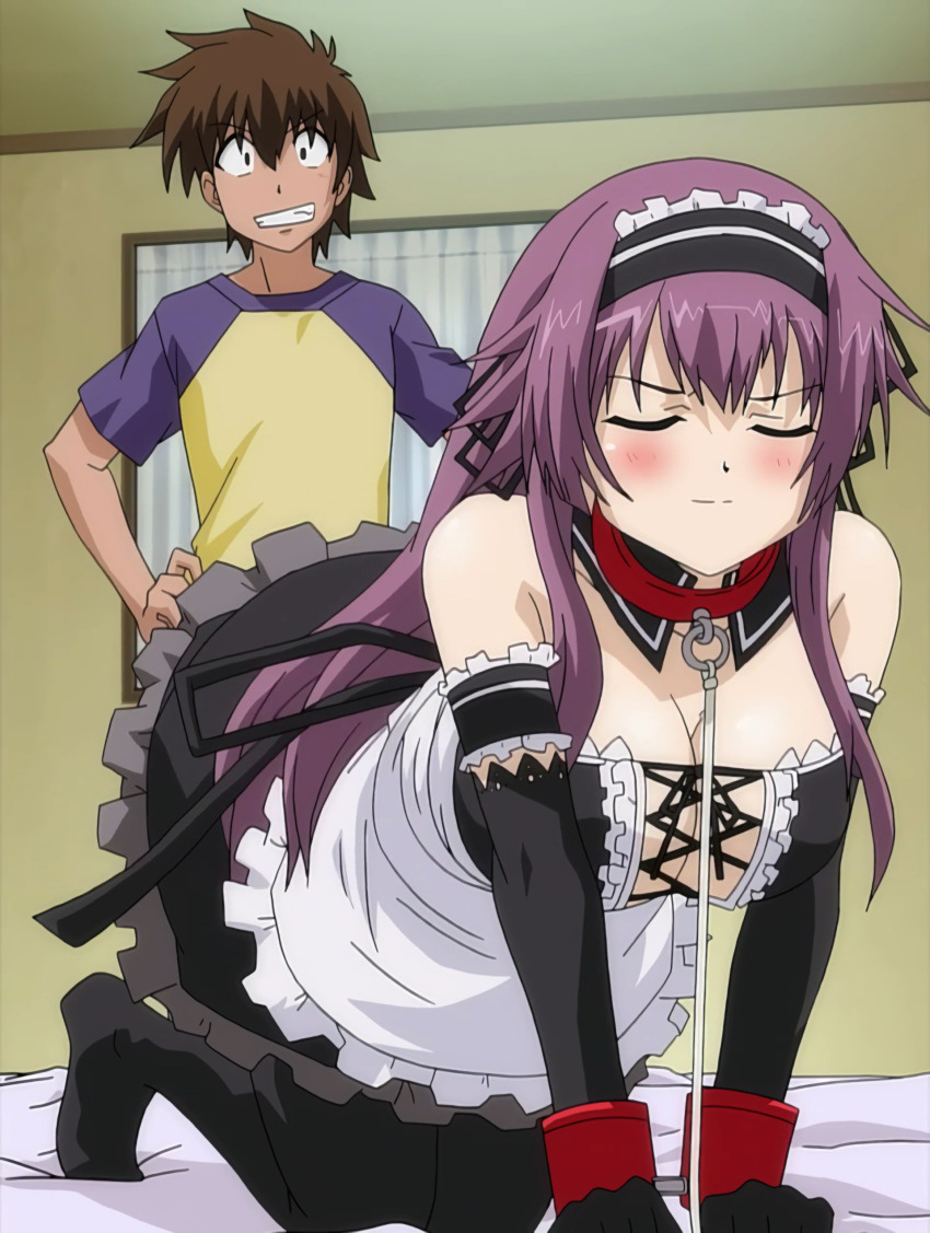 1boy 1girl absurdres all_fours animal_collar bdsm bed bedroom bent_over blush bondage bondage_cuffs bound breasts brown_eyes brown_hair cameltoe cleavage closed_eyes collar feet gloves grin hands_on_own_hips hanging_breasts hariyama_kiriha highres large_breasts leash leg_lift leg_up legs long_hair looking_at_viewer maid maid_headdress panties pantyshot purple_hair short_hair slave smile stitched stitches thighhighs thighs third-party_edit tsun_tsun_maid_wa_ero_ero_desu underwear very_long_hair