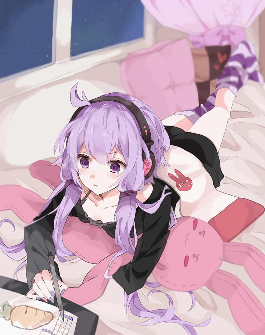 1girl :&lt; bed blanket blurry blush carrot closed_mouth collarbone commentary_request curtains drawing_tablet headphones highres indoors long_hair long_sleeves lying mochisiku nail_polish night on_stomach pillow purple_eyes purple_hair purple_thighhighs revision shorts solo striped_clothes striped_thighhighs stuffed_animal stuffed_rabbit stuffed_toy stylus thighhighs twintails v-shaped_eyebrows vocaloid voiceroid window yuzuki_yukari